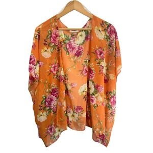 Adora Orange Floral Kimono Lightweight Open Front‎ Short Sleeve Flowy Cover Up